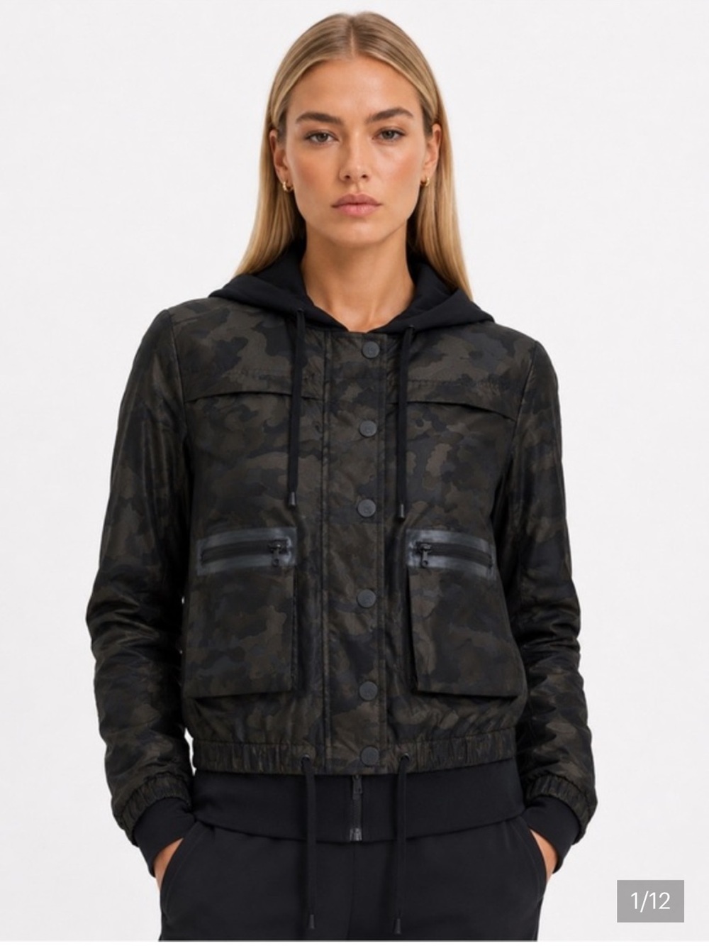 blanc noir Camouflage Hooded Bomber Jacket - Black